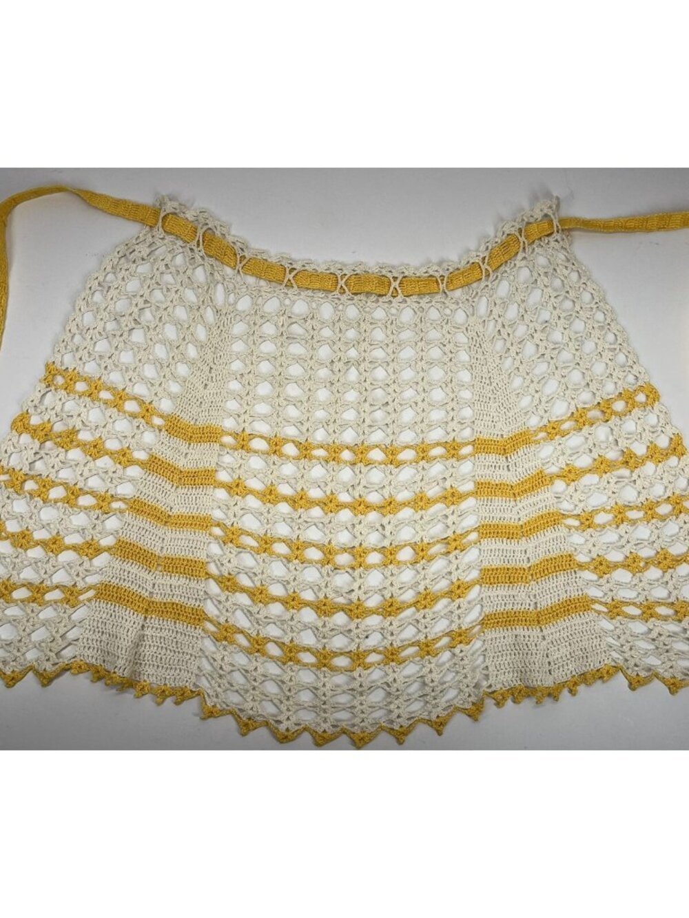 Vintage Crochet Half Apron Yellow Ivory Chevron Stripe Tie Back Halter Top